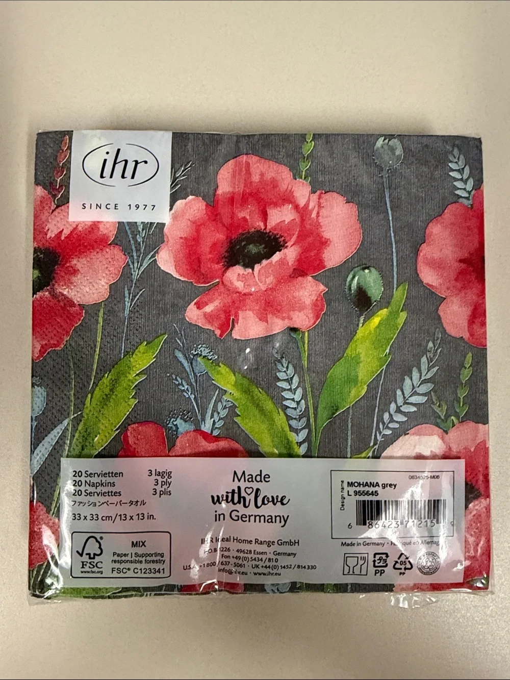 ihr Gray Red Green Field Poppy Matching Square & Rectangular Lunch Napkins